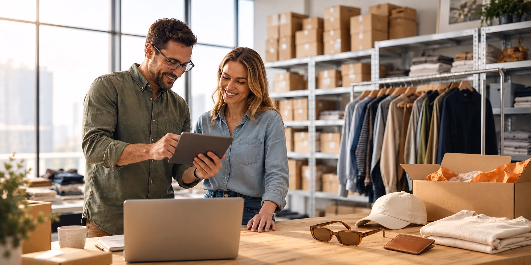 Two merchants reviewing a tablet beside sunglasses, a cap, a cardholder and a parcel in their shop.